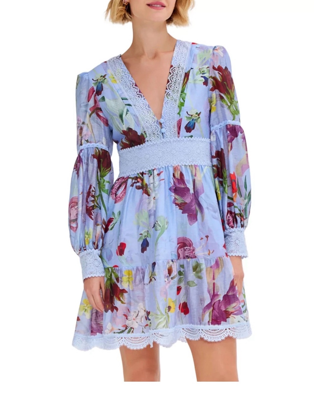 PatBO Lily Flower Long Sleeved Plunge Mini Dress